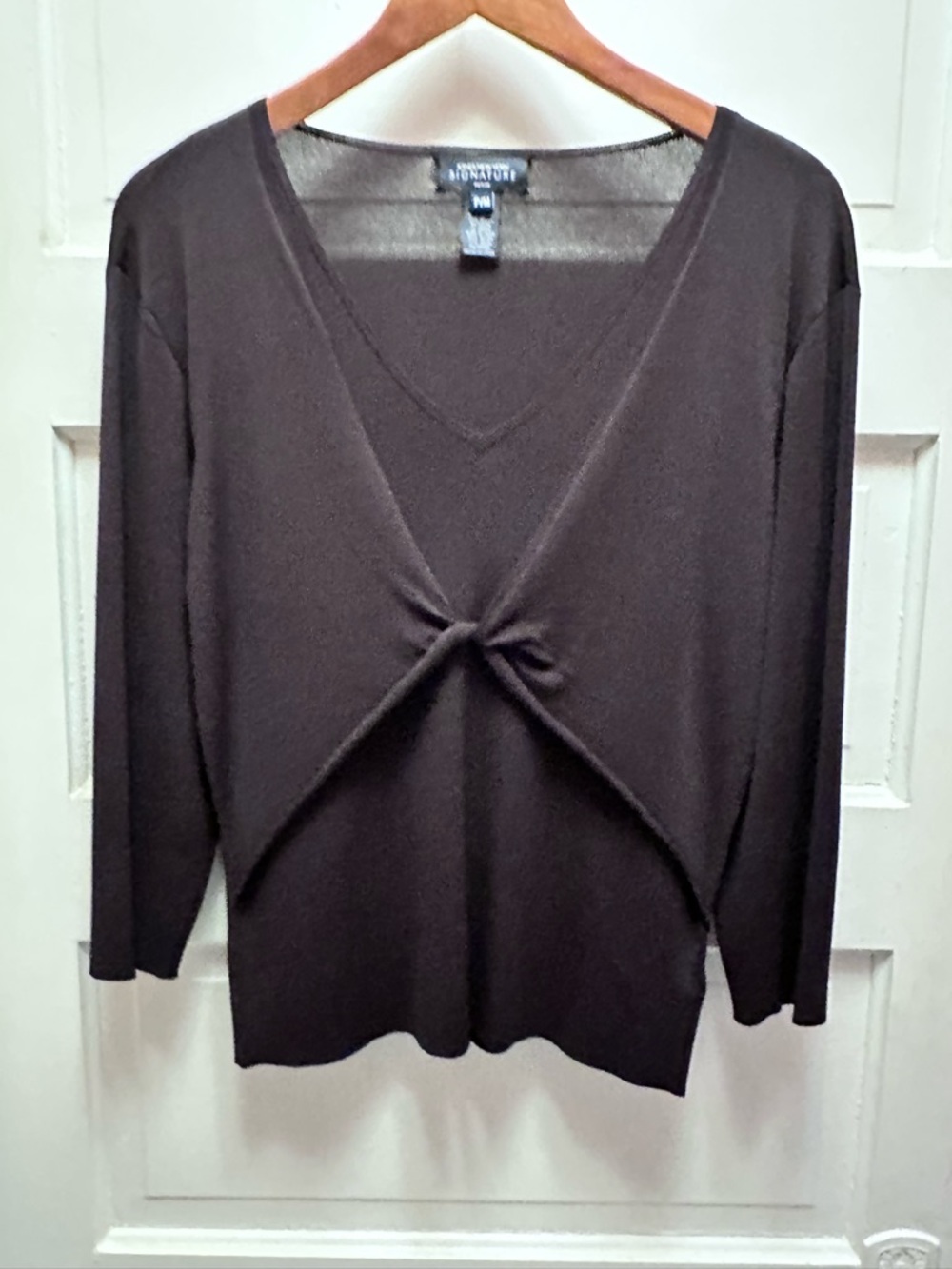 Jones New York Brown V-Neck Twist Front Long Sleeve Top